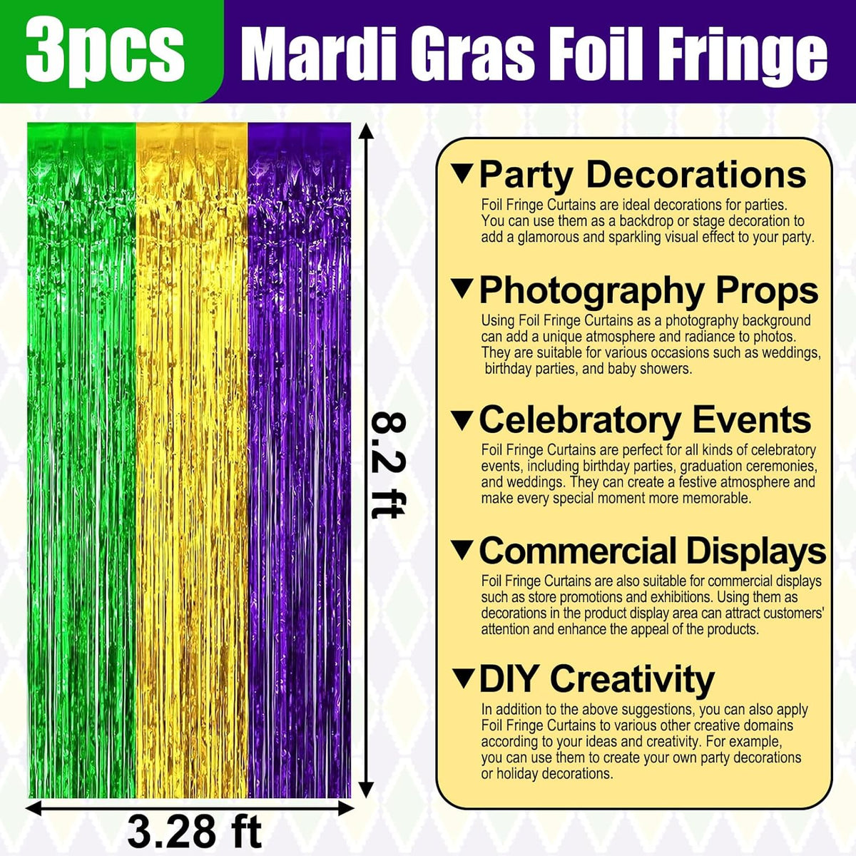3 Pack Gold Green Purple Foil Fringe Curtain Backdrop, 3.28Ft x 8.2Ft Metallic Tinsel Foil Fringe