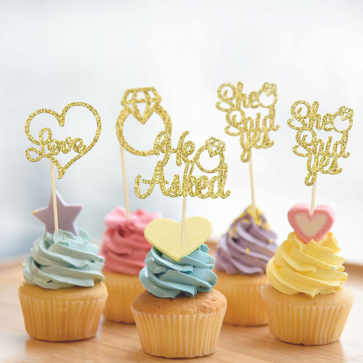Gyufise He Asked She Said Yes Cupcake Toppers Gold Glitter Diamond Ring Heart Love Cake Picks for