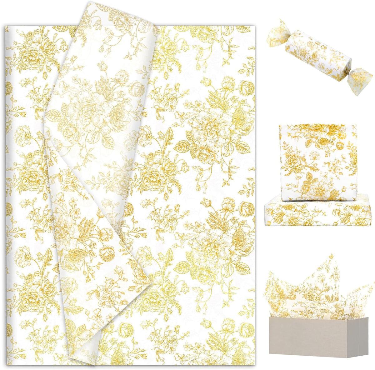 JarThenaAMCS 100 Sheets Floral Tissue Paper Gold Flower Gift Wrapping Paper Vintage Decorative Art
