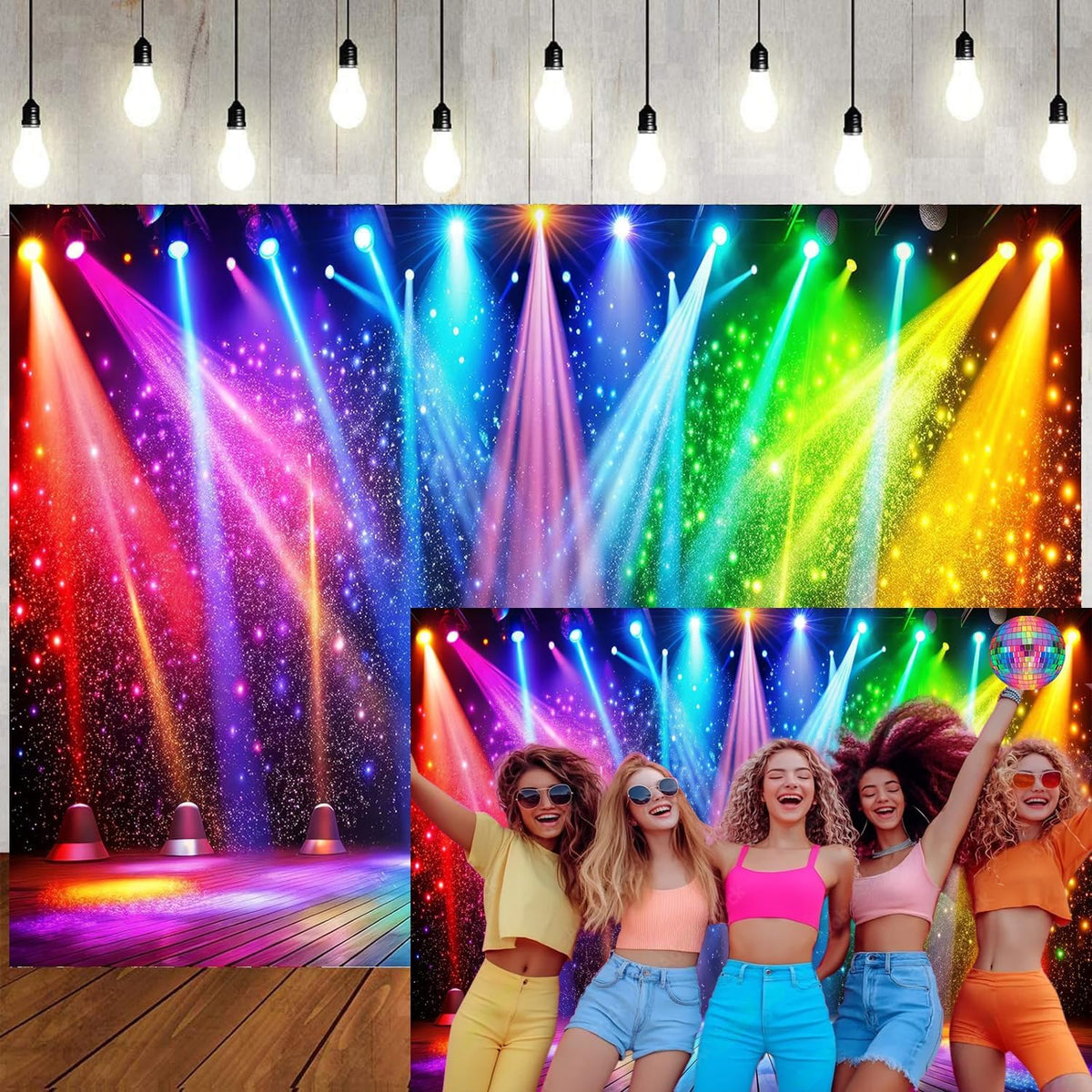 LTLYH 7x5ft Fabric Disco Rainbow Stage 70s 80s 90s Backdrop Vintage Lights Photography Background