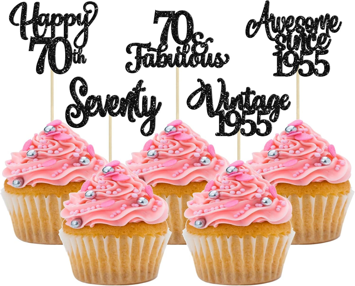 30Pcs Happy 70th Birthday Cupcake Toppers Glitter Seventy Vintage 1955 Cupcake Picks Cheers to 70