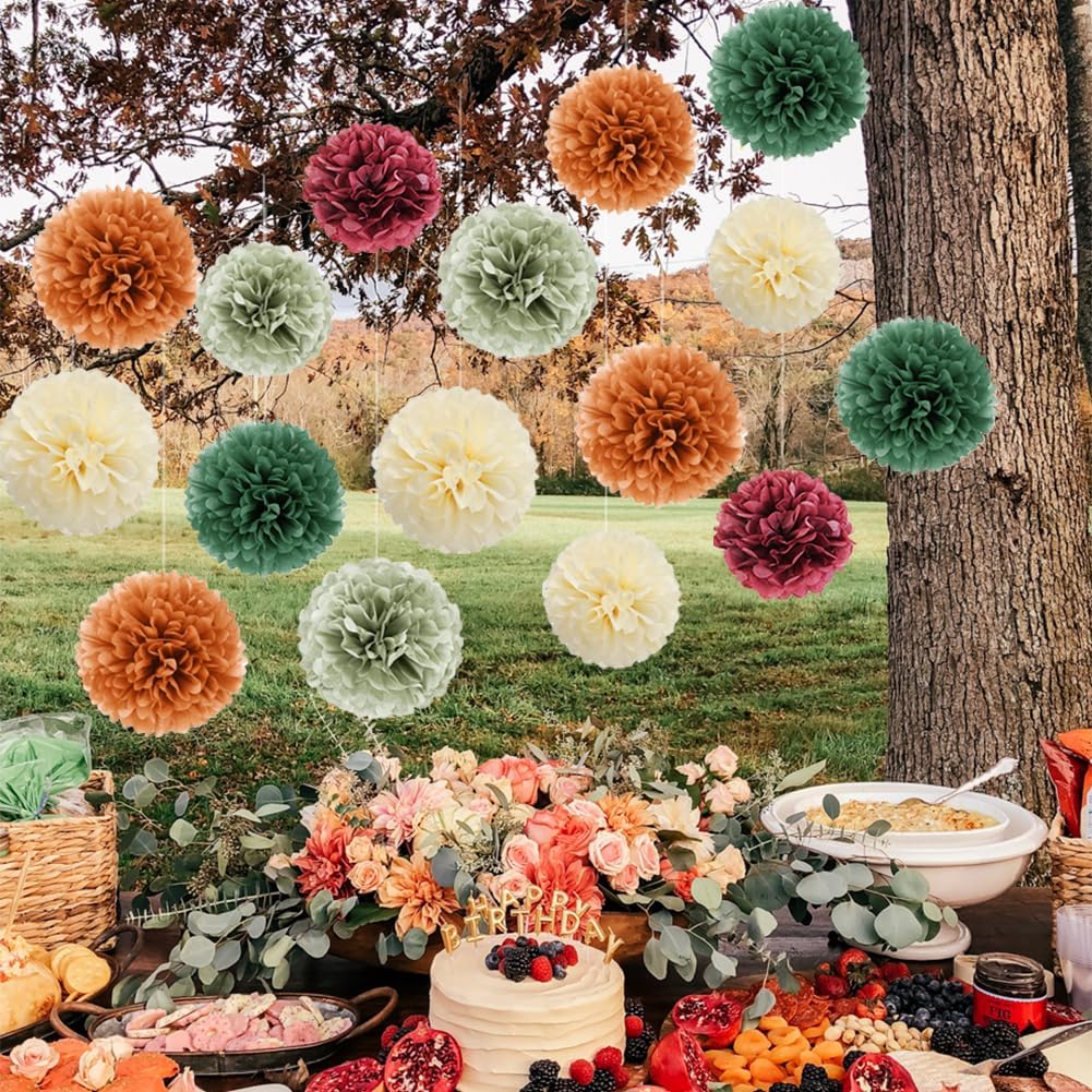 Fall Party Decorations 16pcs Orange Green Tissue Pom Pom Decorations Burgundy Sage Green Fall