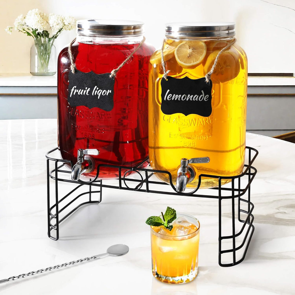 2 Gallon Drink Dispensers for Parties, 2 Pack Beverage Dispensers with Stand, Glass Water Jug