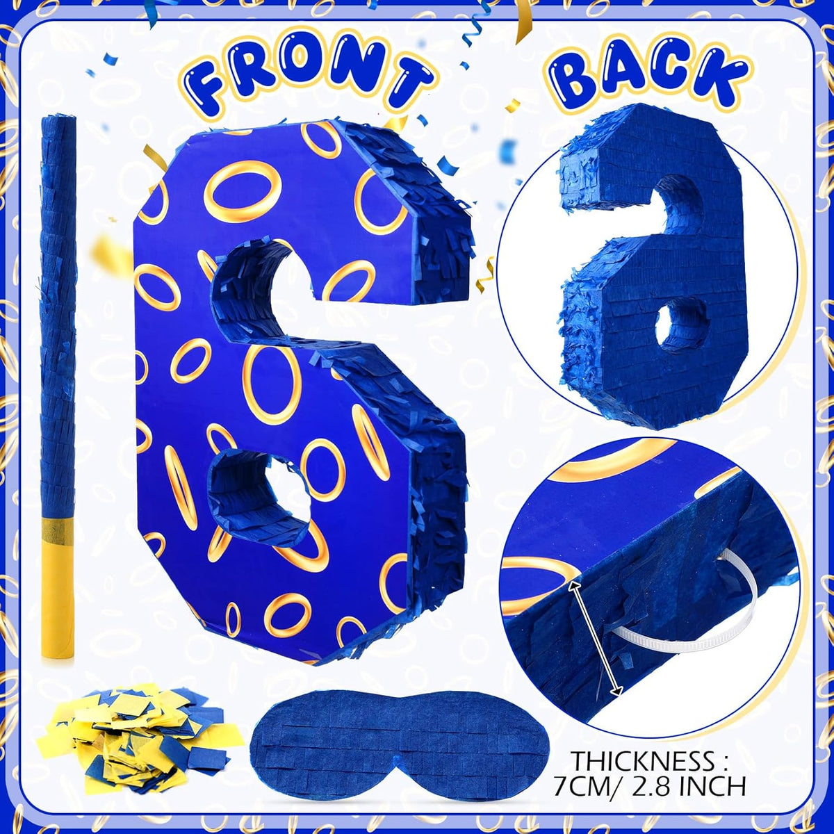 Number 6 Blue and Golden Rings Piñata for Kids Birthday Cartoon Theme Small Piñata with Blindfold