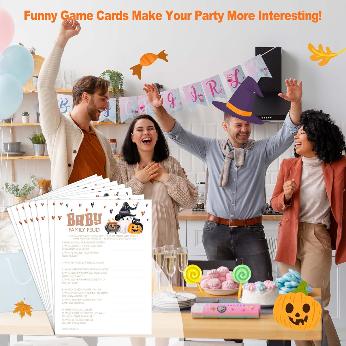 Baby Shower Games, Halloween Baby Family Feud, 25 Double-Sided Game Cards + 1 Answer Card for