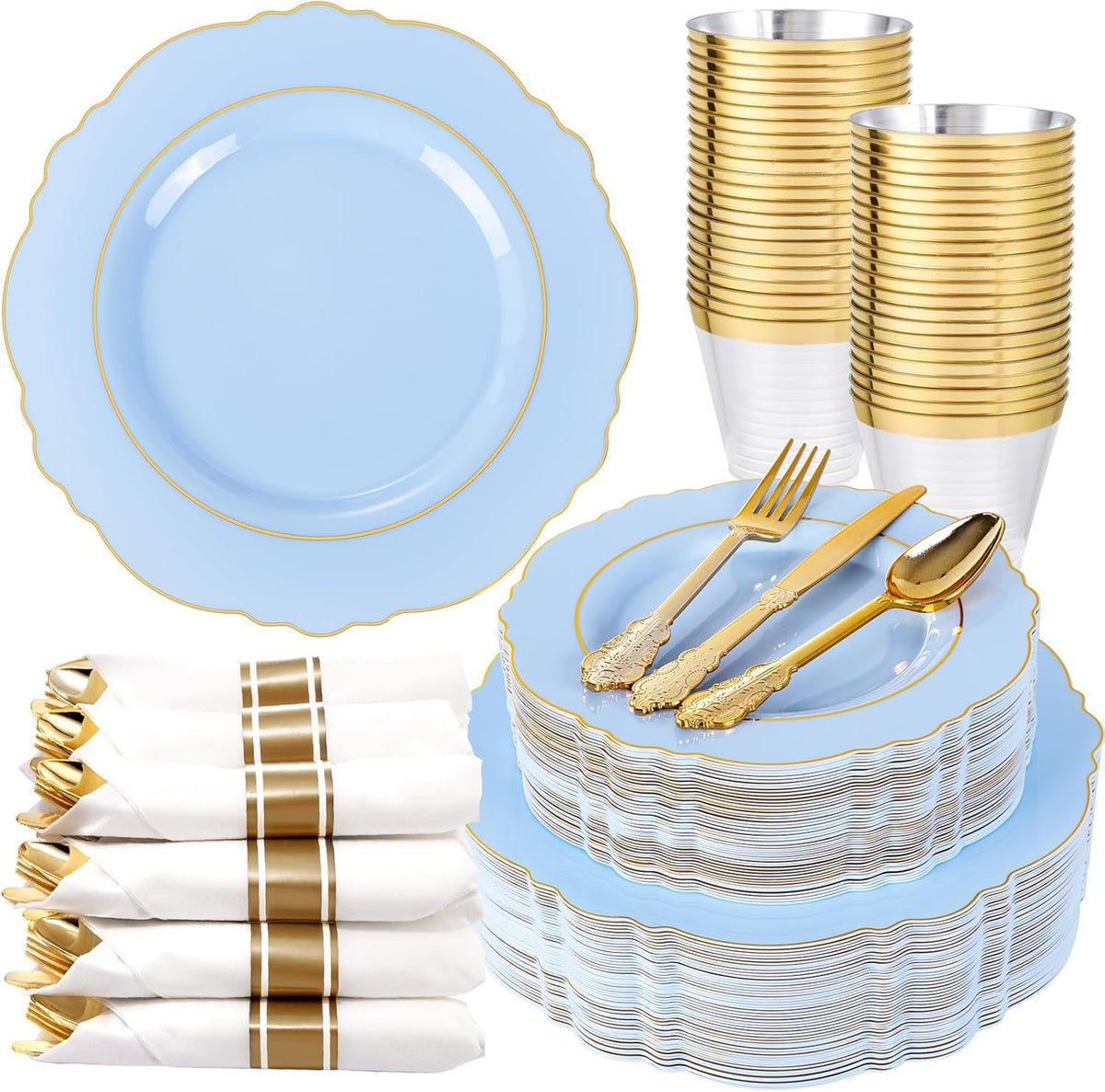 Liacere 350PCS Bule Plastic Plates - Disposable Bule and Gold Plates 50guest Baroque Plastic