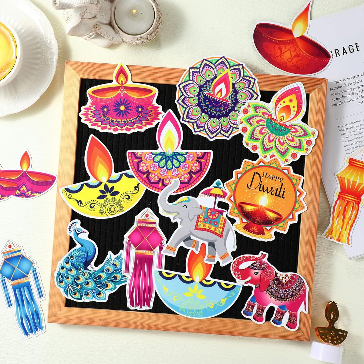 Xuhal 25 Pcs Happy Diwali Magnets Decoration Colorful Elephants Lanterns Oil Lamps Peacock