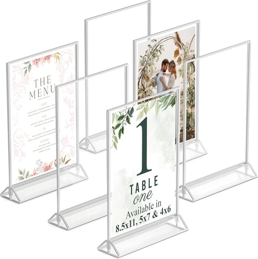Silver Picture Frames Double-Sided, 6-Pack 5x7 Acrylic Table Number Holders, Clear Easel Stands for