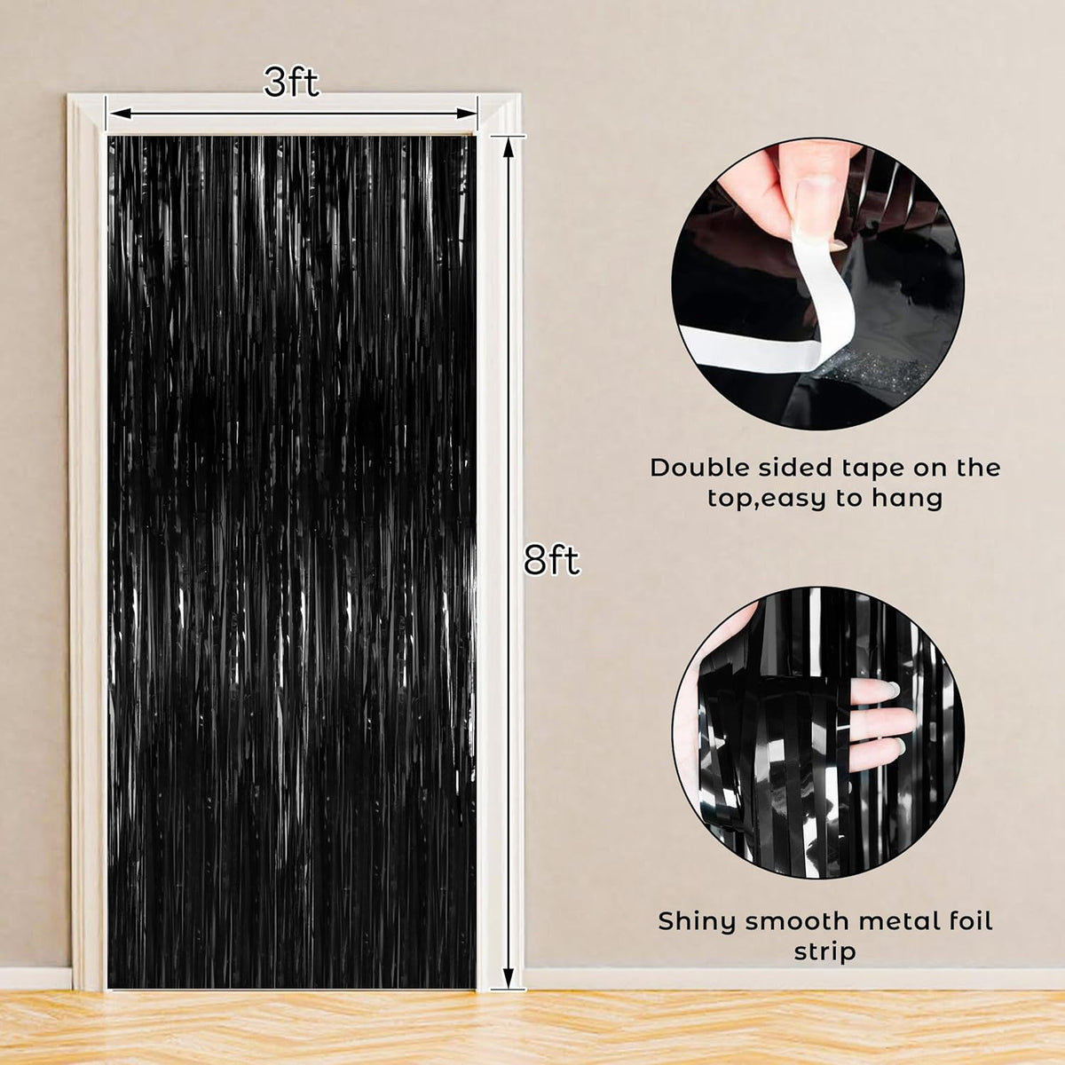 BTSD-home 4 Pack Black Foil Fringe Curtain Backdrop Metallic Photo Booth Backdrop Tinsel Curtains