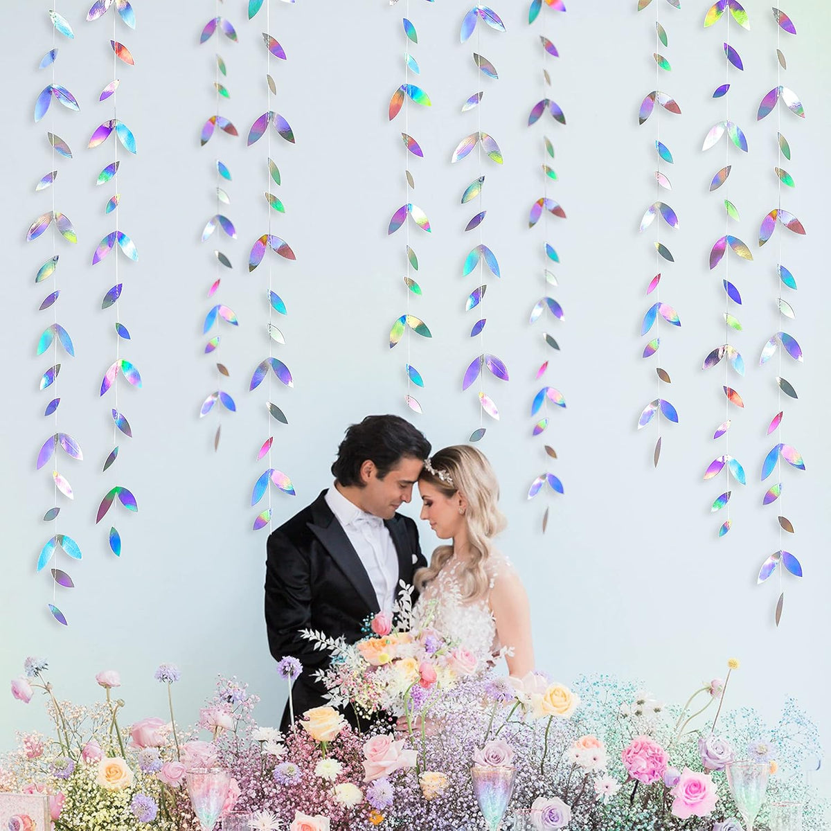 52Ft Iridescent Leaf Garland Holographic Paper Colorful Hanging Leaves Streamer Banner for Birthday