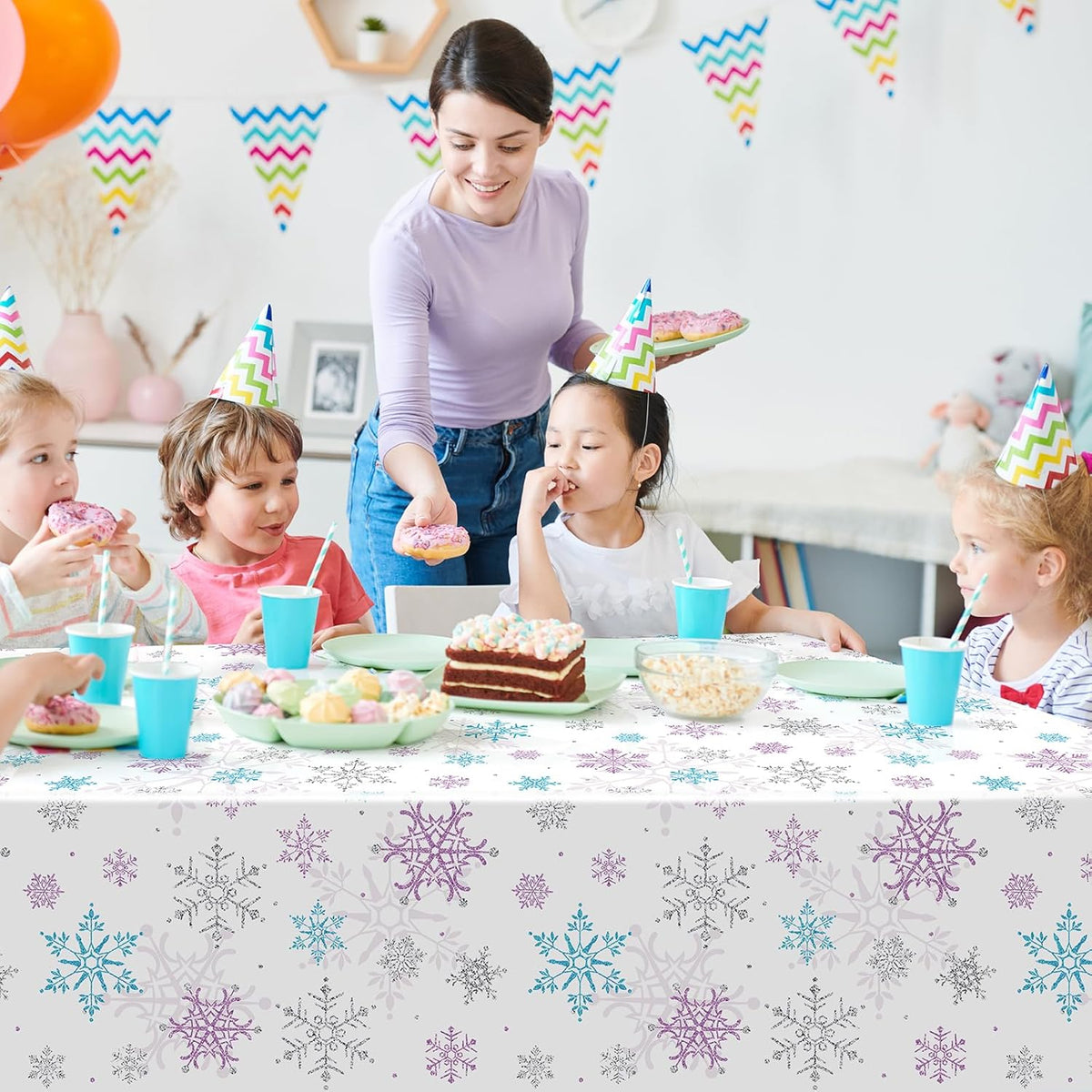 3 Pieces Christmas Snowflake Party Tablecloth Decorations,Plastic Purple and Blue Winter Wonderland