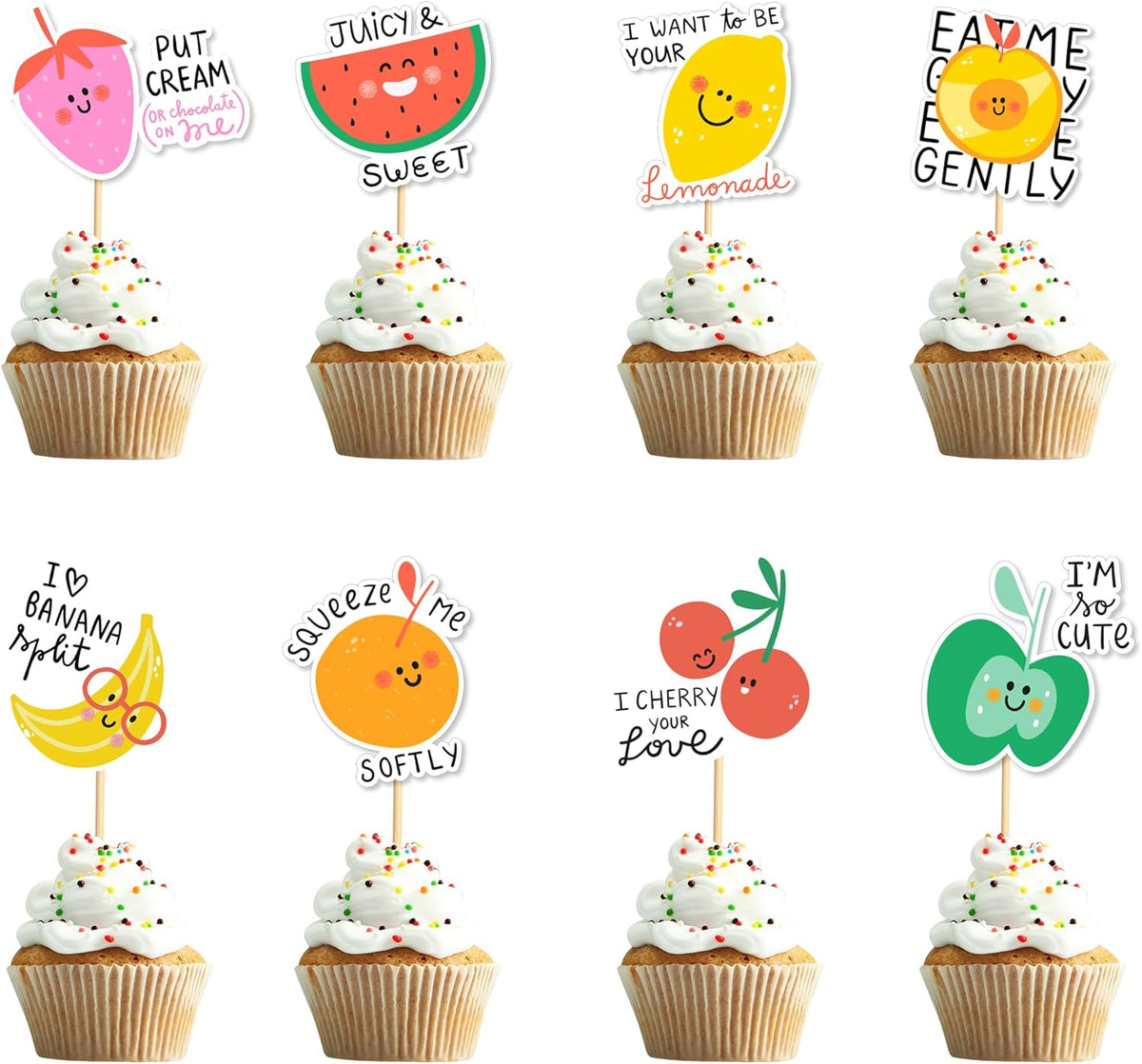 24pcs Tutti Fruity Fruit Cupcake Toppers - Tropical Summers Kids Happy Birthday Cake Toppers