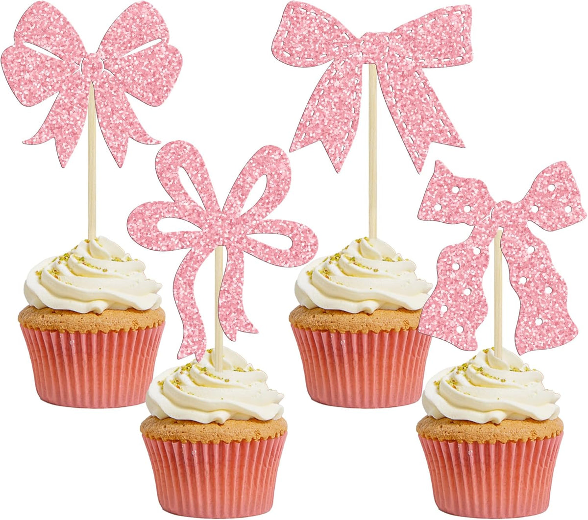 Ephlyn 24Pcs Bow Cupcake Toppers Pink Girls Birthday Party Decorations Bowknot Cupcake Toppers Bow
