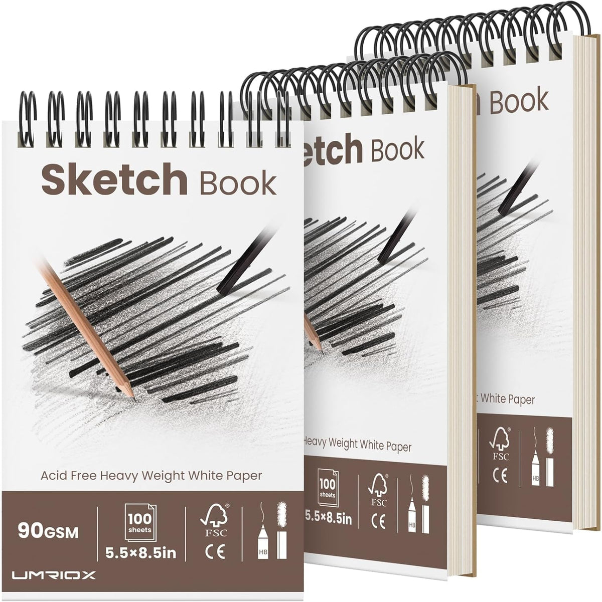 Umriox Small Sketchbook 5.5"x8.5", 3-Pack Sketch Pad (100 Sheets Each), Top Spiral Bound