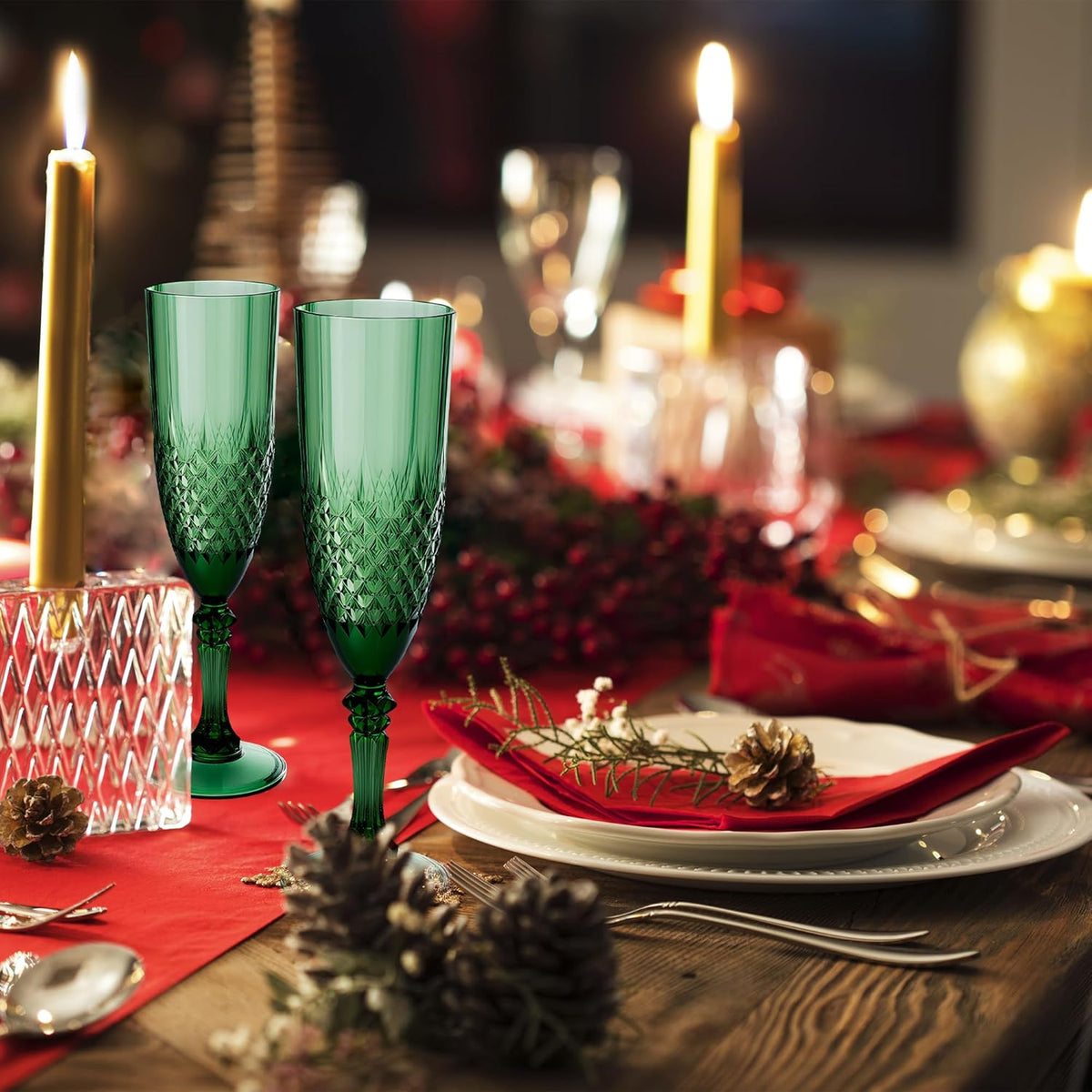 Plastic Champagne Flutes, 48PCS Dark Green Wine Glasses Goblets Cups Reusable Flute, for Christmas