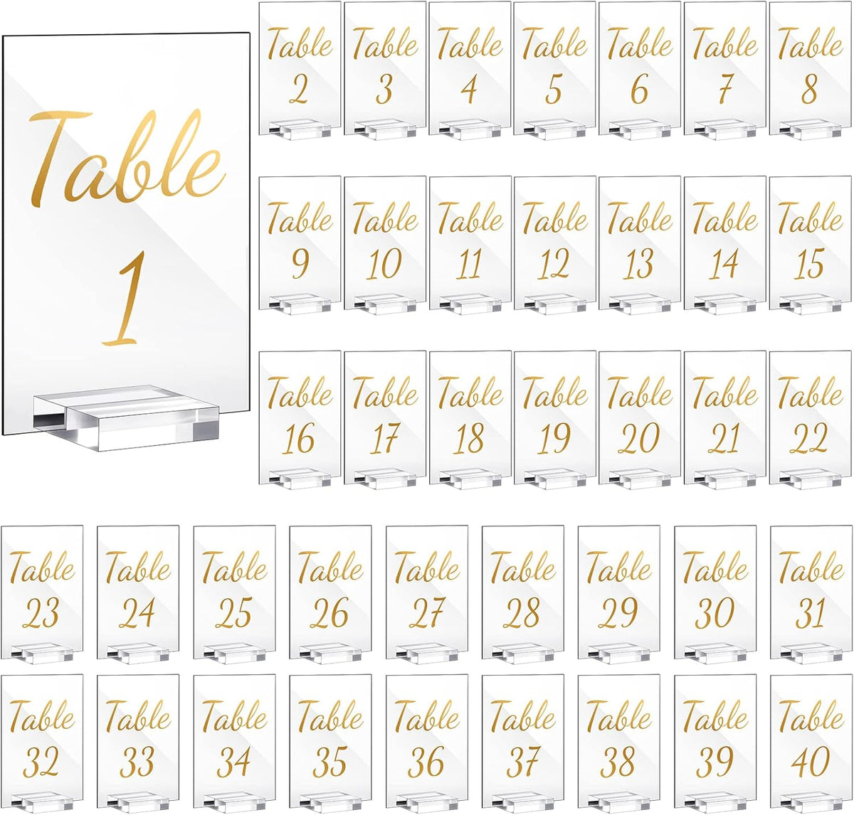 40 Pack Gold Acrylic Wedding Table Numbers 1-40 Clear Stand with Calligraphy Holders - 4 x 6 Inch