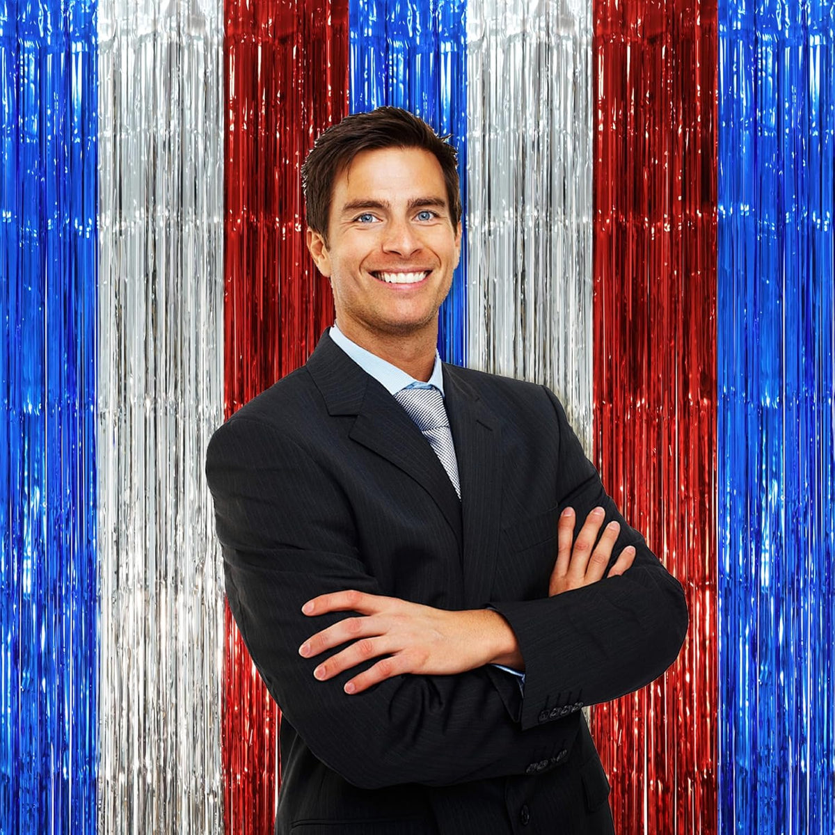 2 Pack Blue Red Silver Foil Fringe Backdrop Curtains, Tinsel Streamers Party Decorations, Fringe