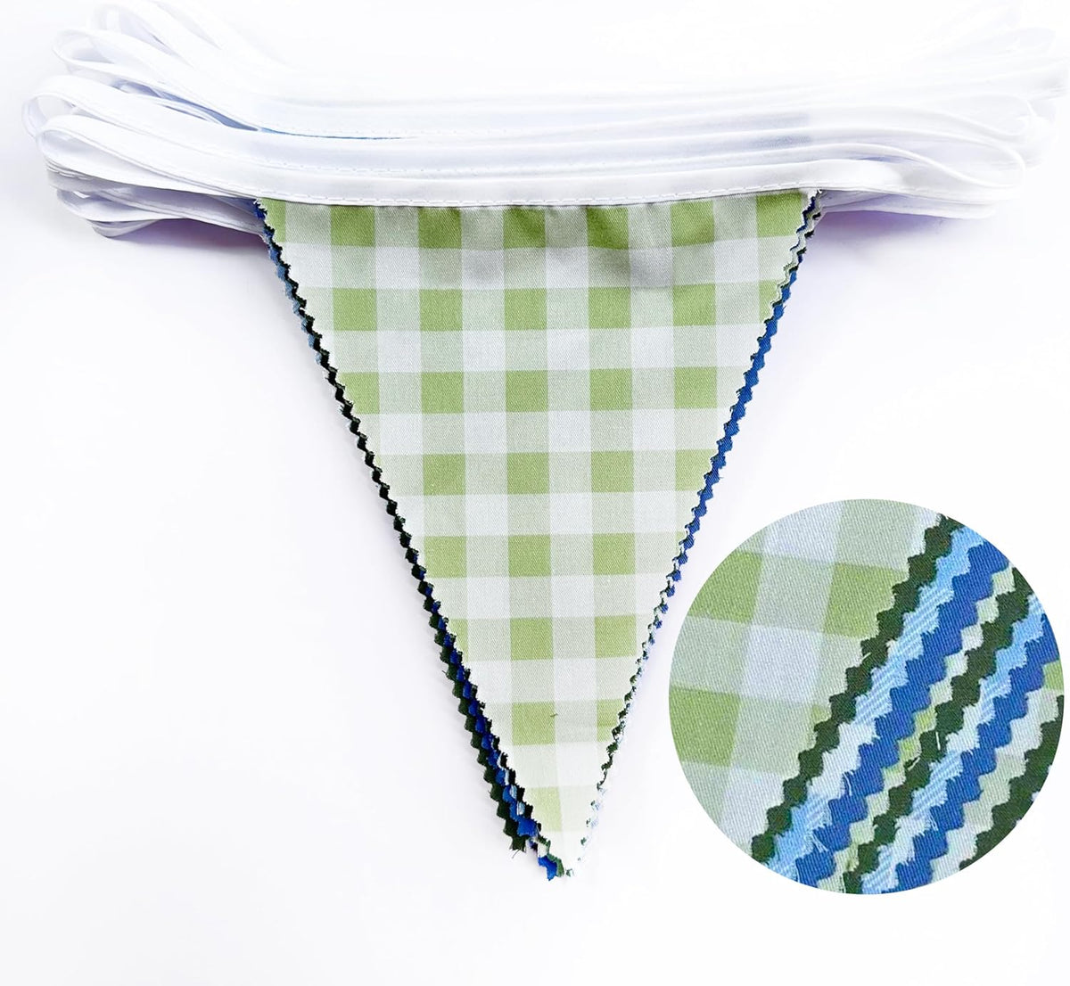 32Ft Blue Green Party Decorations Dusty Blue Sage Green Gingham Fabric Triangle Banner Flag Plaid