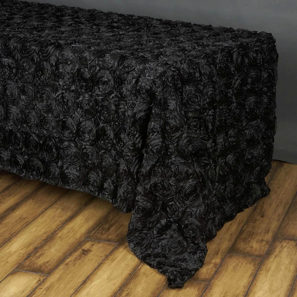 Efavormart 90"x156" Wholesale Rectangle Table Cover Black Grandiose Rosette 3D Satin Tablecloth for