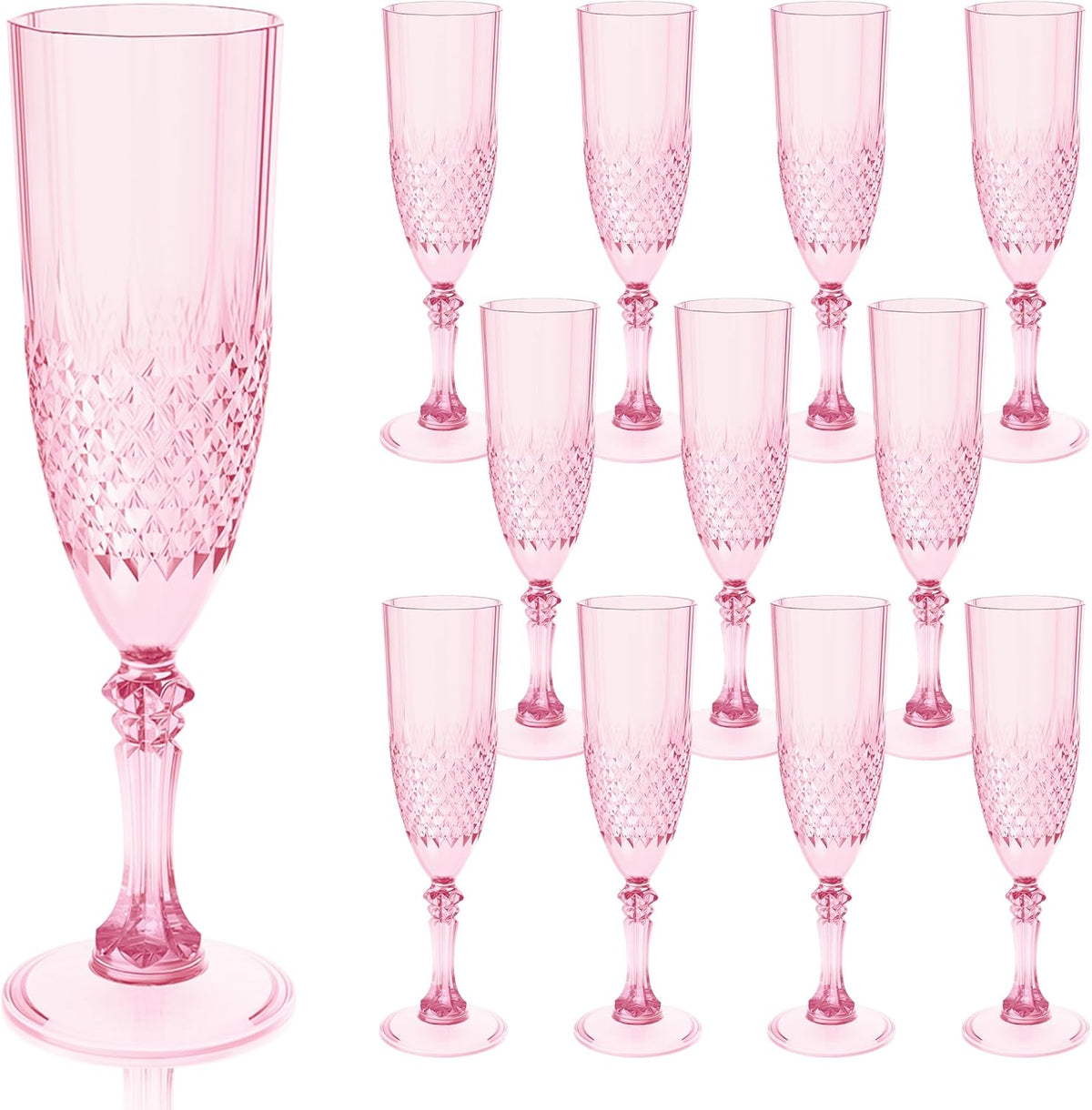 Plastic Champagne Flutes, 12PCS Pink Wine Glasses Goblets Cups Reusable Flute, for Weddings