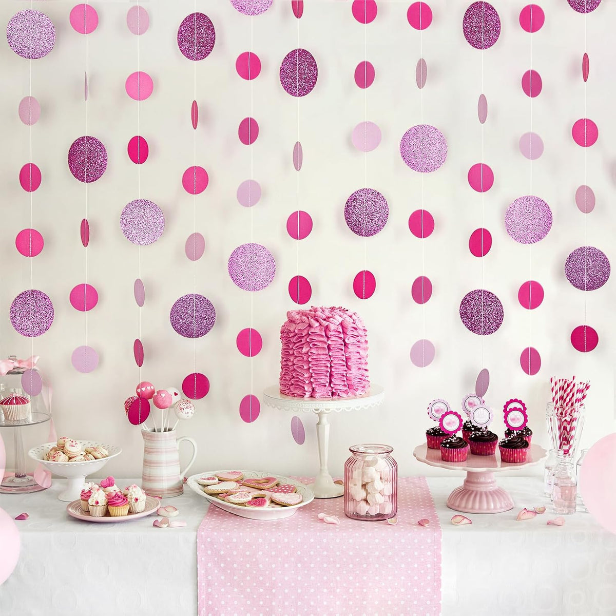 8 Pack Pink Glitter Dot Garland, Hanging Circle Streamers Banner, Backdrop Hanging Decorations for