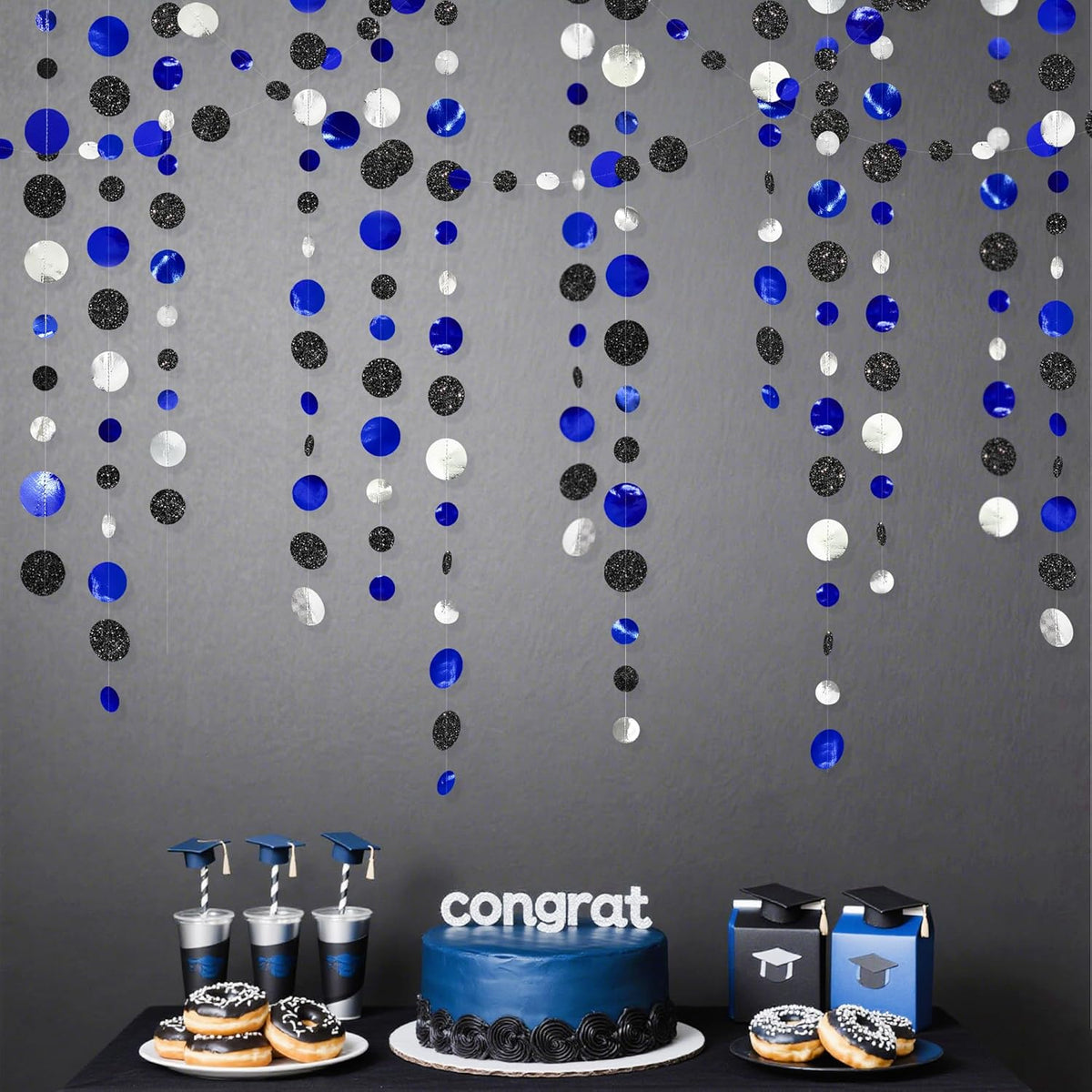 46Ft Navy Blue Black Silver Circle Dots Garland Royal Blue Black Polka Dots Streamer for Birthday
