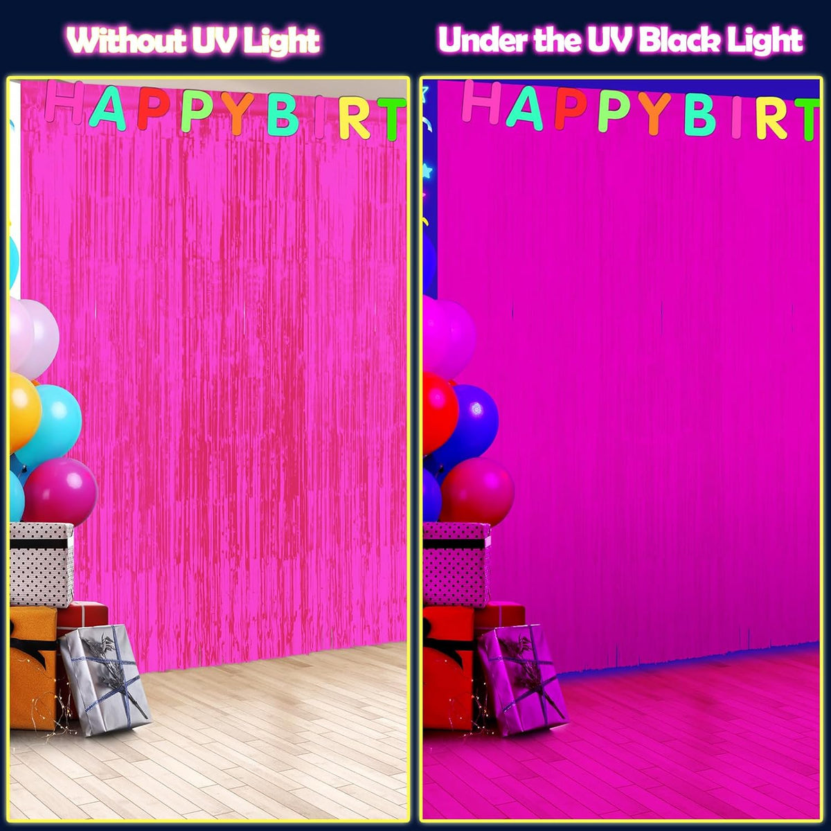 3 Pack 3.3Ft x 6.6Ft Hot Pink Glow in The Dark Foil Fringe Curtain Backdrop Party Supplies