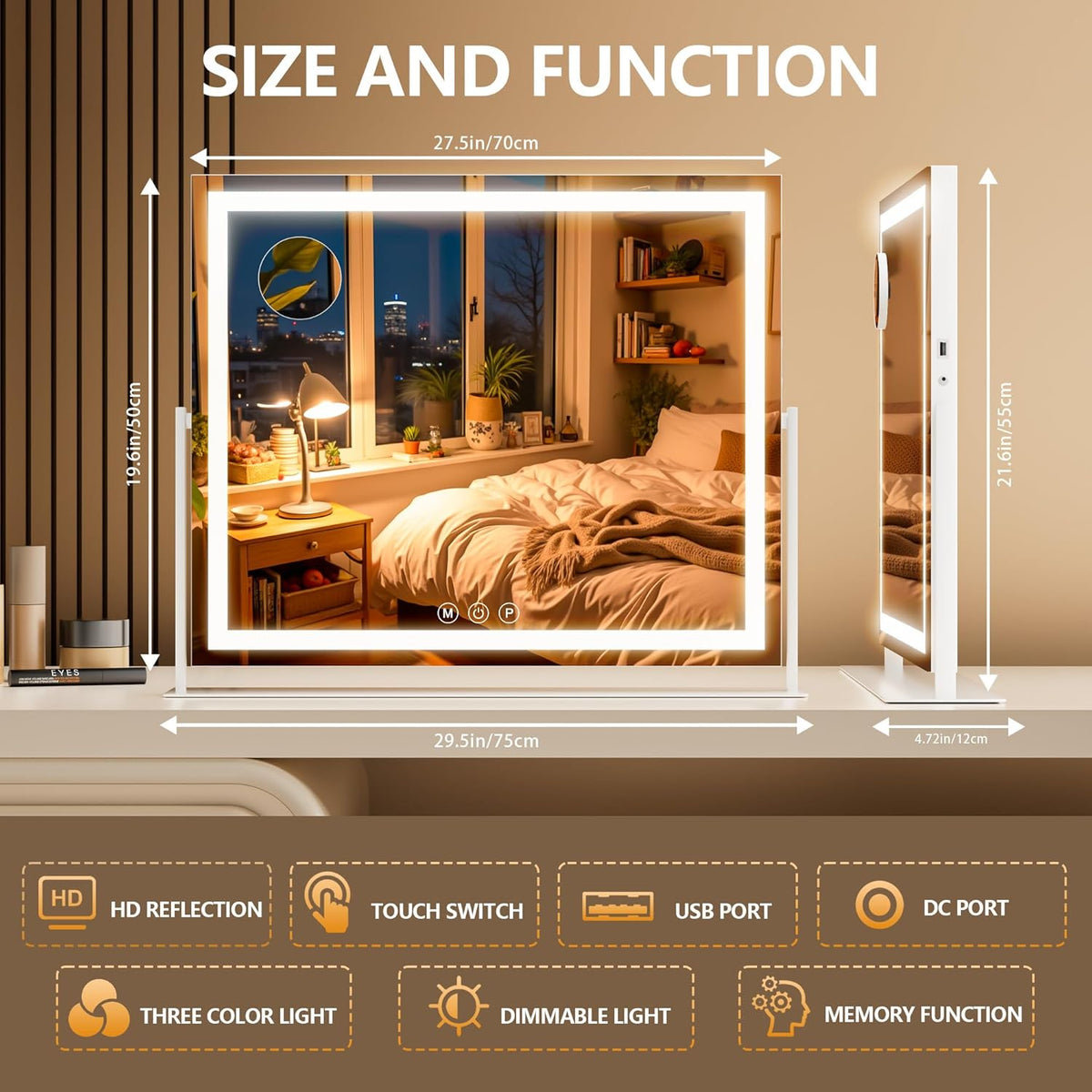 Vanity Mirror with Lights, 30'' x 22'' Lighted Makeup Mirror, Touch Screen with 3-Color Lighting