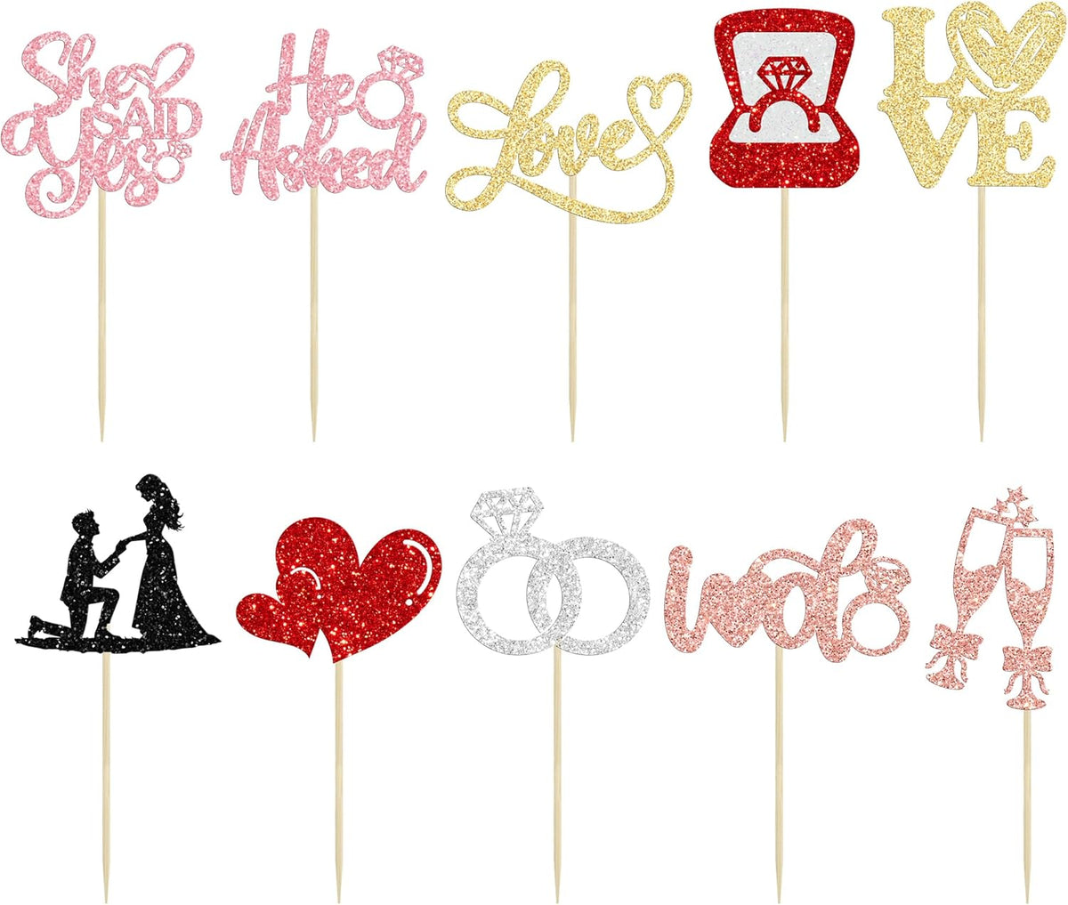 Ephlyn 30Pcs He Asked She Said Yes Cupcake Toppers Glitter Engagement Cupcake Toppers Diamond Ring