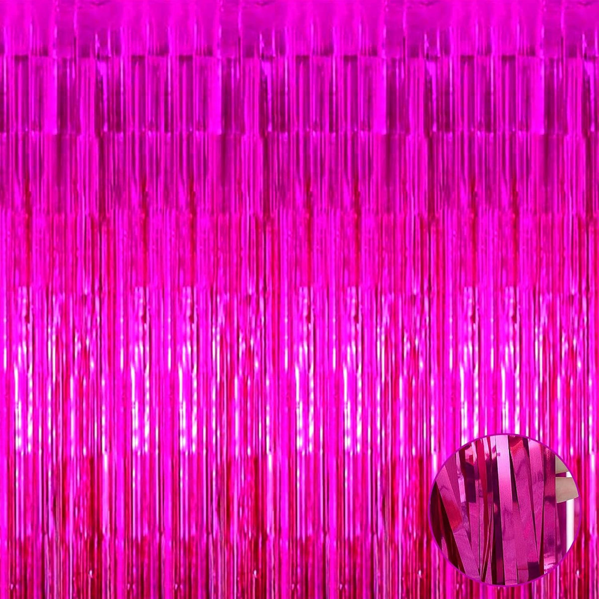 Pack Fuchsia Foil Fringe Curtain Backdrop, 3.28Ft x 9.84Ft Metallic Tinsel Foil Fringe Streamers