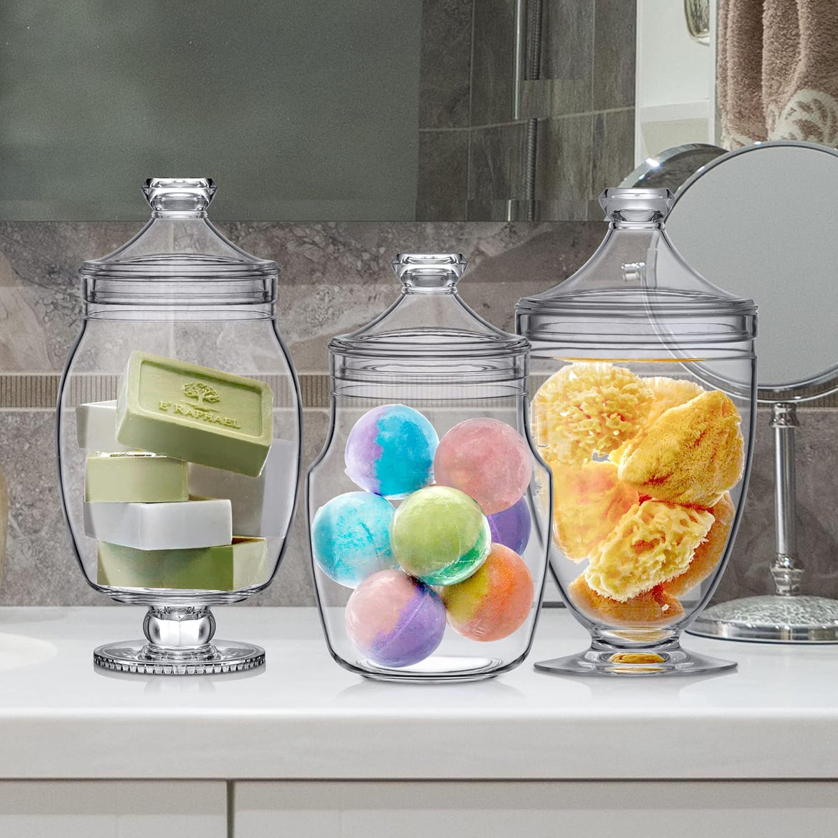 Amazing Abby - Keep - Acrylic Apothecary Jars (3-Piece Set), Plastic Jars with Lids, Bathroom