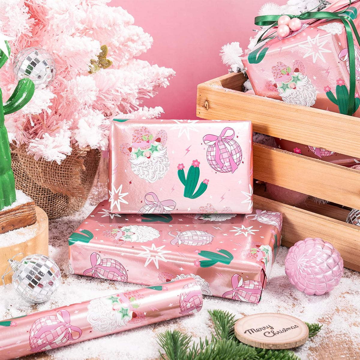 LeZakaa Pink Christmas Wrapping Paper Roll for Girls Women, Santa Disco Ball Cactus Design, Rose
