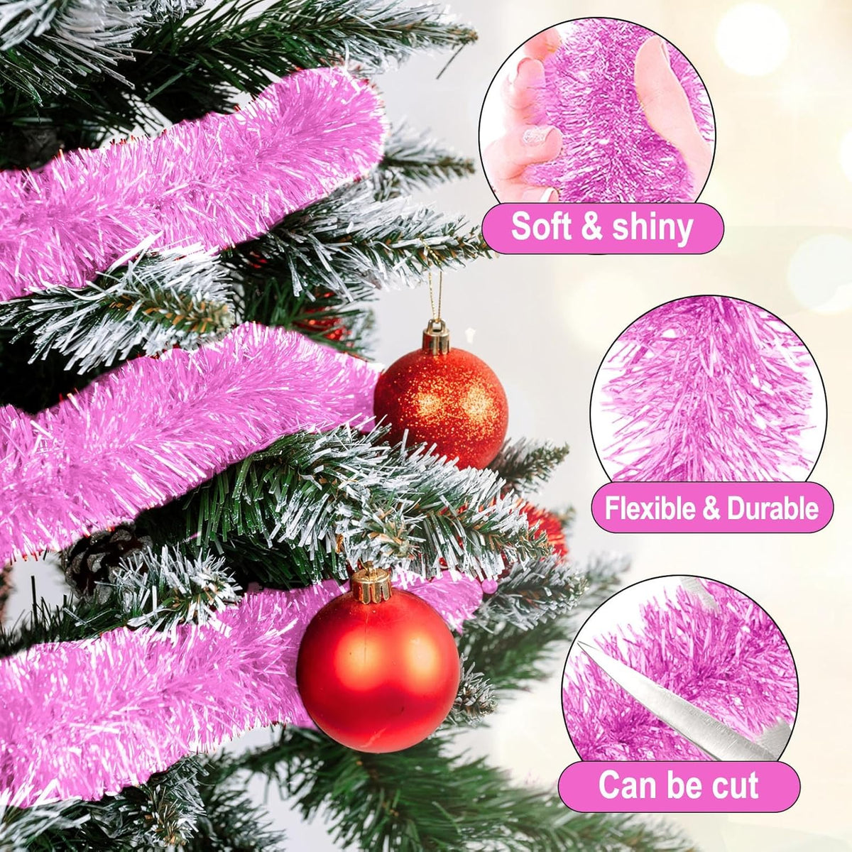 25 Feet Macaron Pink Christmas Tinsel Garland, Metallic Foil Twist Garland Wall Hanging Tinsel