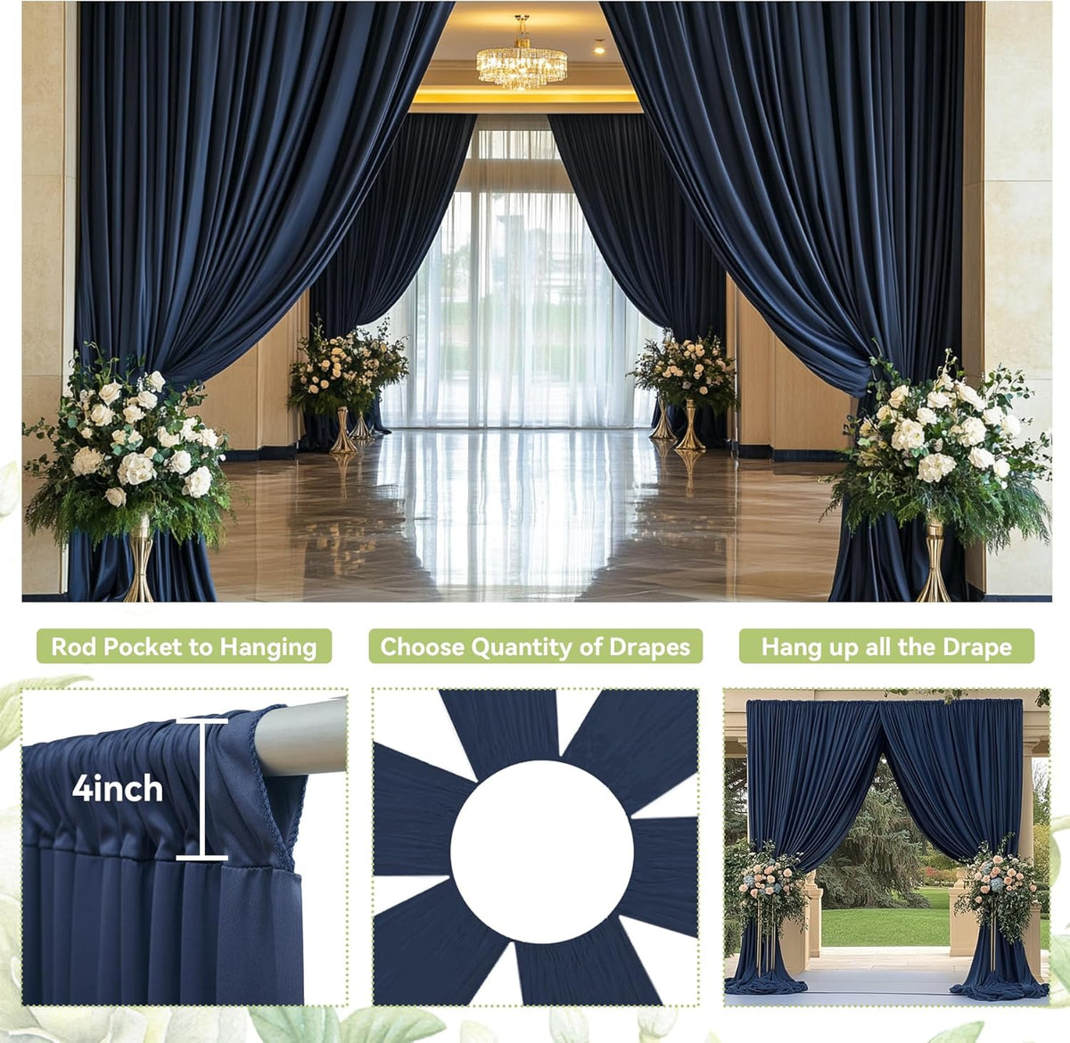 PartyVillage 10ft×15ft Navy Blue Backdrop Curtain for Wedding Parties, 2 Panels Wrinkle Free 15 FT