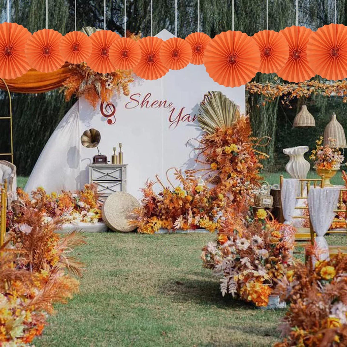 Orange Hallowmas Party Hanging Fans DIY Set - 12pcs Paper Fans with Pinwheels - DIY Paper Craft for