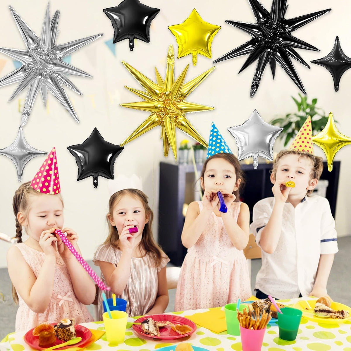 Black Gold Silver Star Balloon,16Pcs Star Foil Balloons Set with 22Inch Explosion Spike Cone