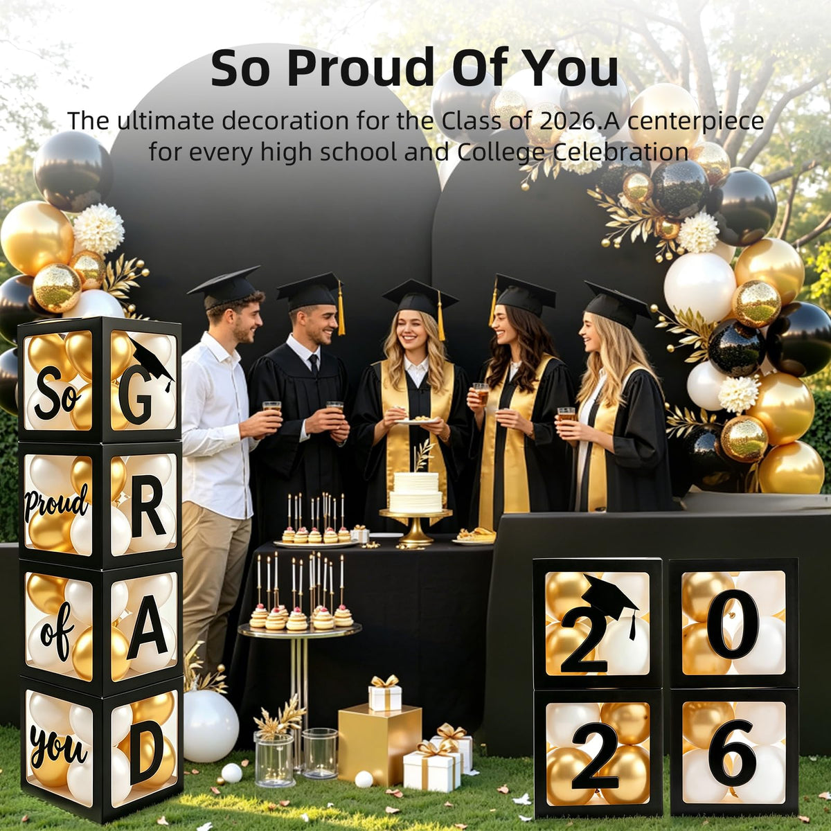 2026 Graduation Party Decorations - Black Balloon Boxes with Letters, "GRAD" & "So Proud of You" &