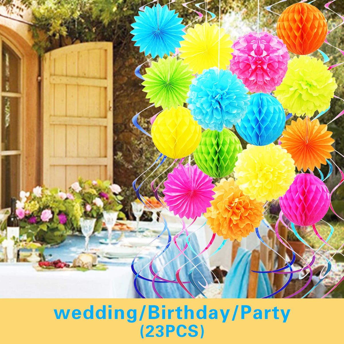 Colorful Paper Party Decorations, Tissue Paper Flower&Party Pom Poms wth Swirl Streamers, Premium