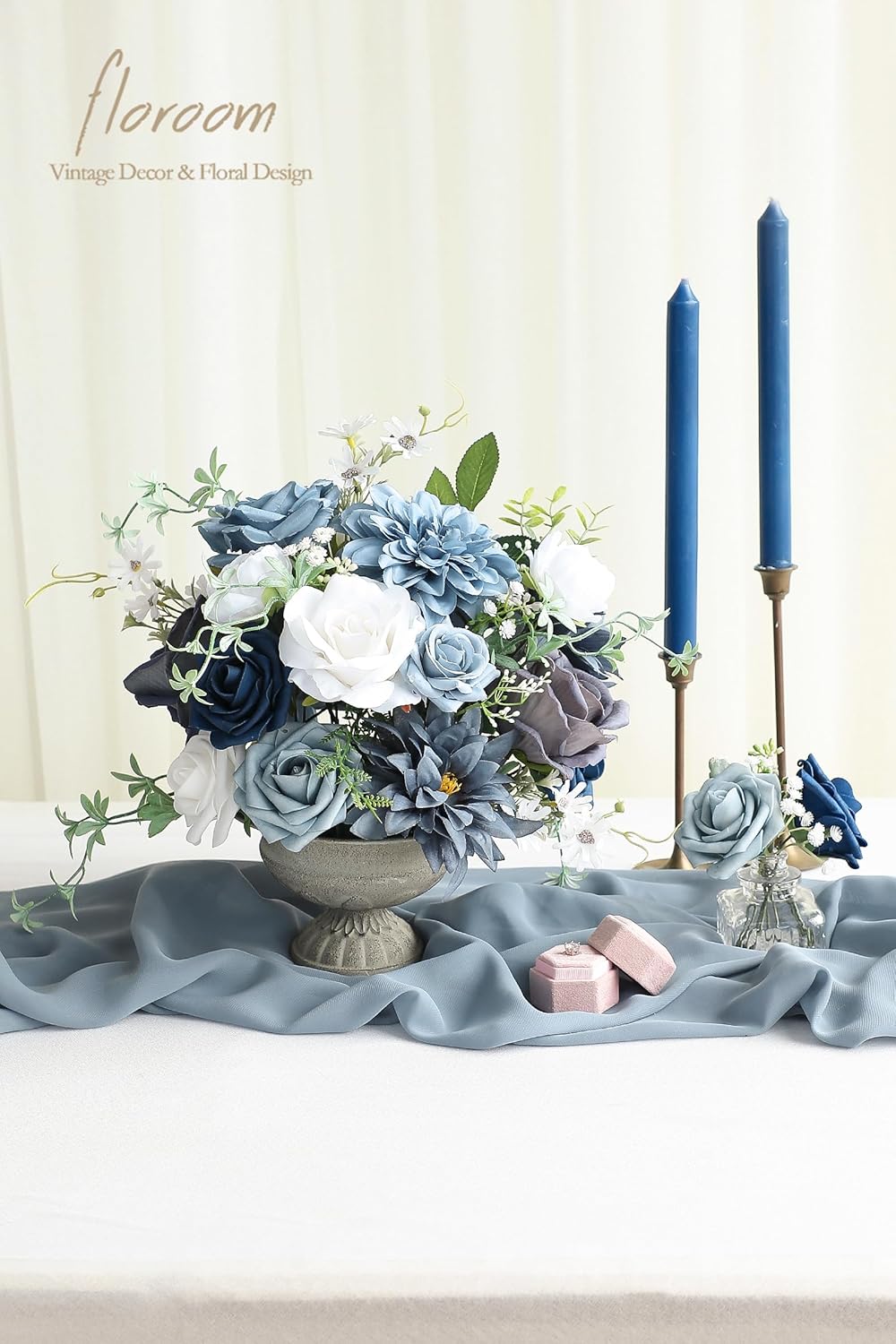 Floroom Dusty Blue Navy Artificial Flowers Fake Roses Peonies Dahlias and Greenery Combo Box Set