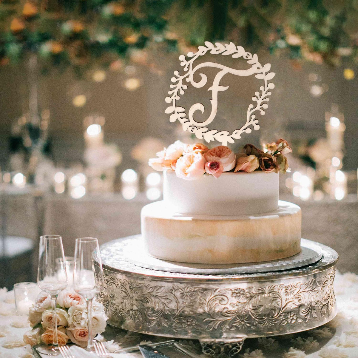 LINGTEER Personalized Inital Letter F Wooden Cake Topper Perfect for Birthday Rustic Wedding