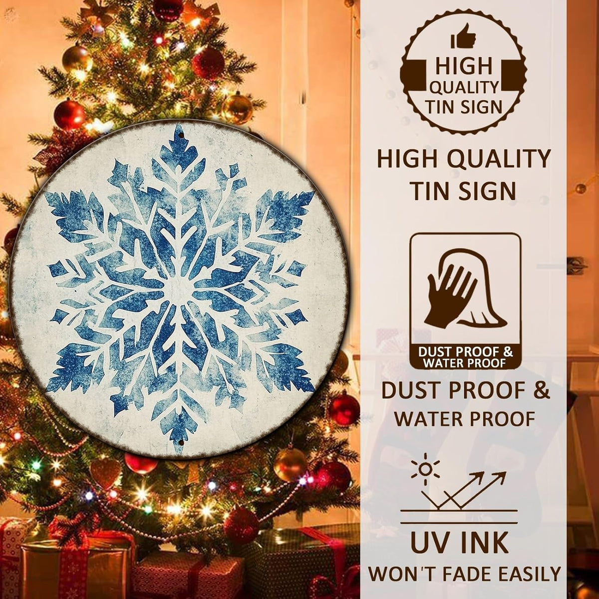 Round Christmas Metal Tin Sign Vintage Snowflake Signs Winter Christmas Sign Retro Wall Decor Tin
