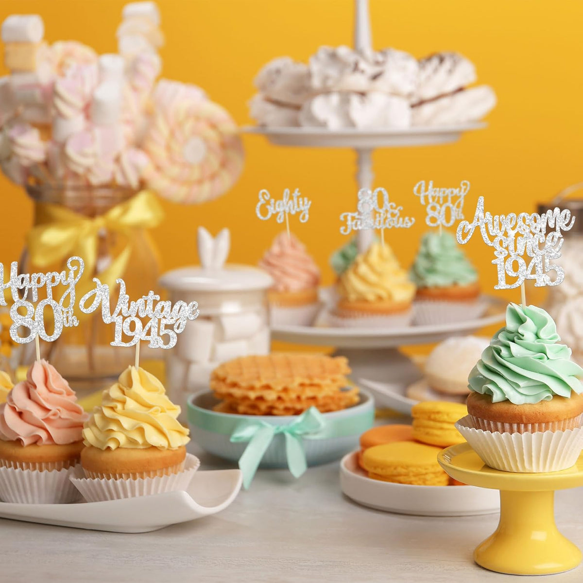 30Pcs Happy 80th Birthday Cupcake Toppers Glitter Awesome Since 1945 Eighty 80 Fabulous Vintage