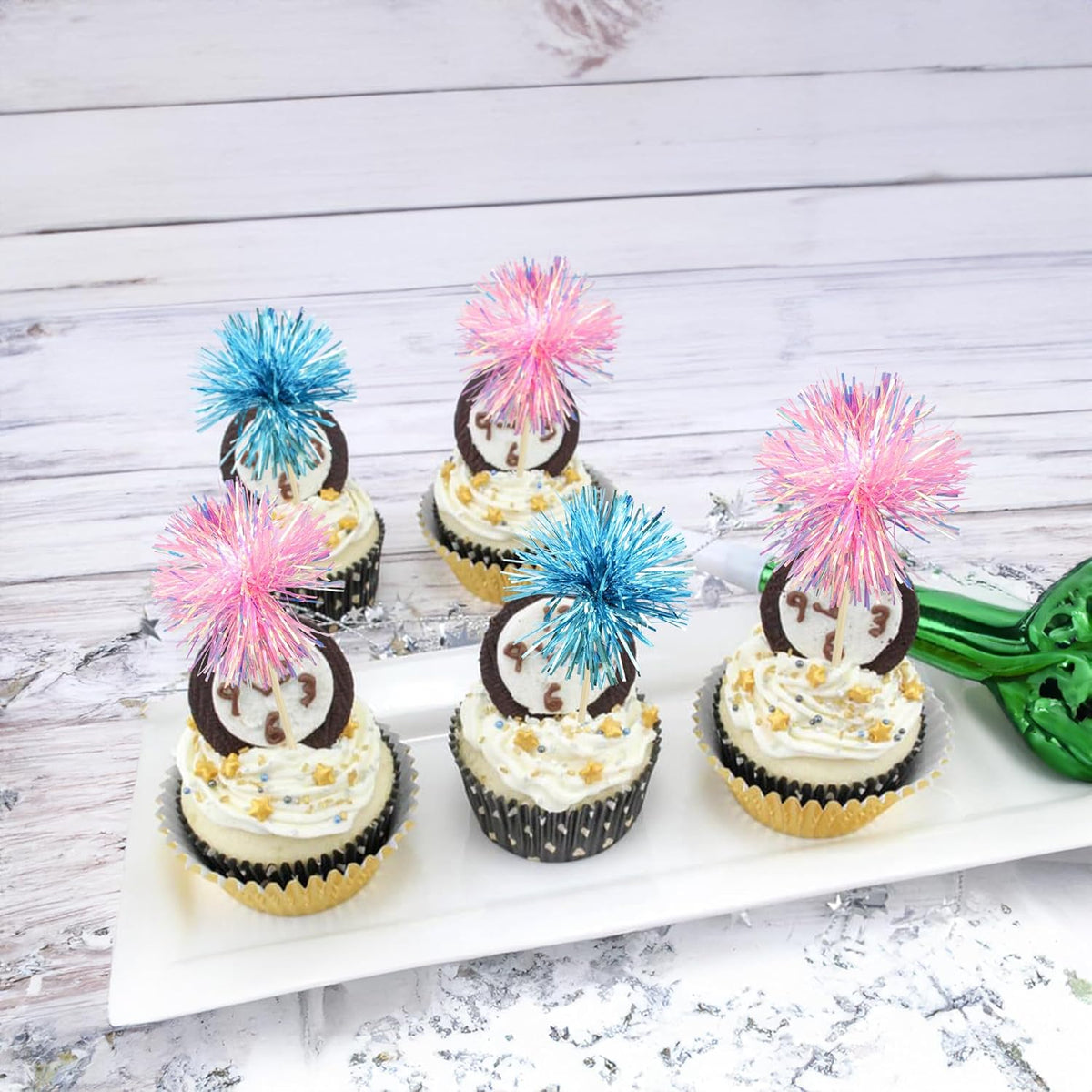 Gyufise 30Pcs Foil Firework Cupcake Toppers Sparkle Tinsel Cake Toppers Tinsel Drink Cake