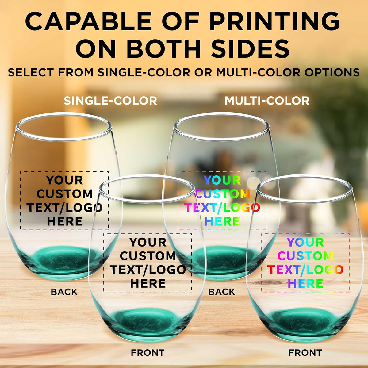 Custom Stemless Wine Glass 9 oz. Set of 100, Personalized Bulk Pack - Great for Wedding Favors