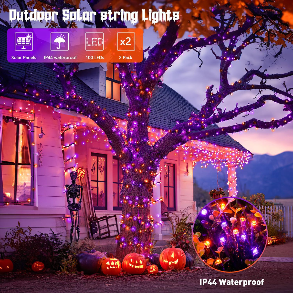 JMEXSUSS Orange and Purple Solar Halloween Lights, 2 Pack Each 100 Led Solar String Lights Outdoor