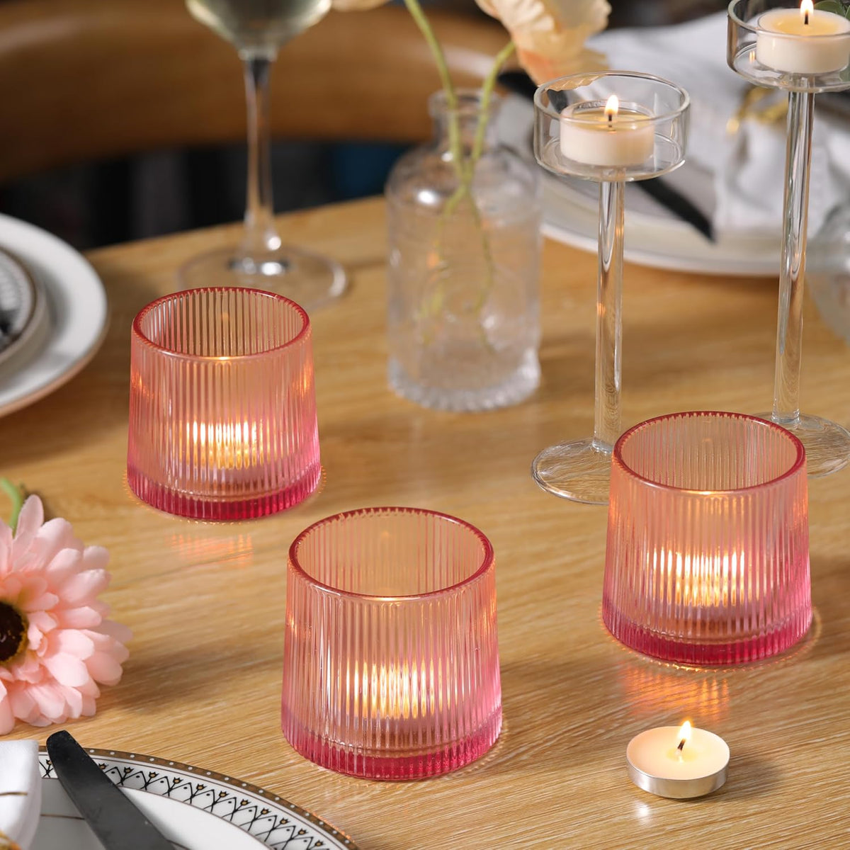 Pink Ribbed Tealight Votive Candle Holders- 6Pack Glass Candle Holders for Table Centerpiece, Home