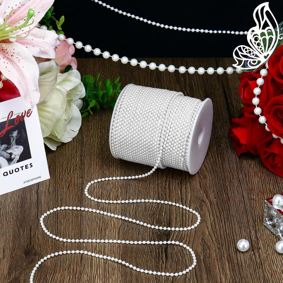99 Feet 3mm Pearl Strings for Crafts, Artificial Pearl Beaded Garland Trim Chain Strands for