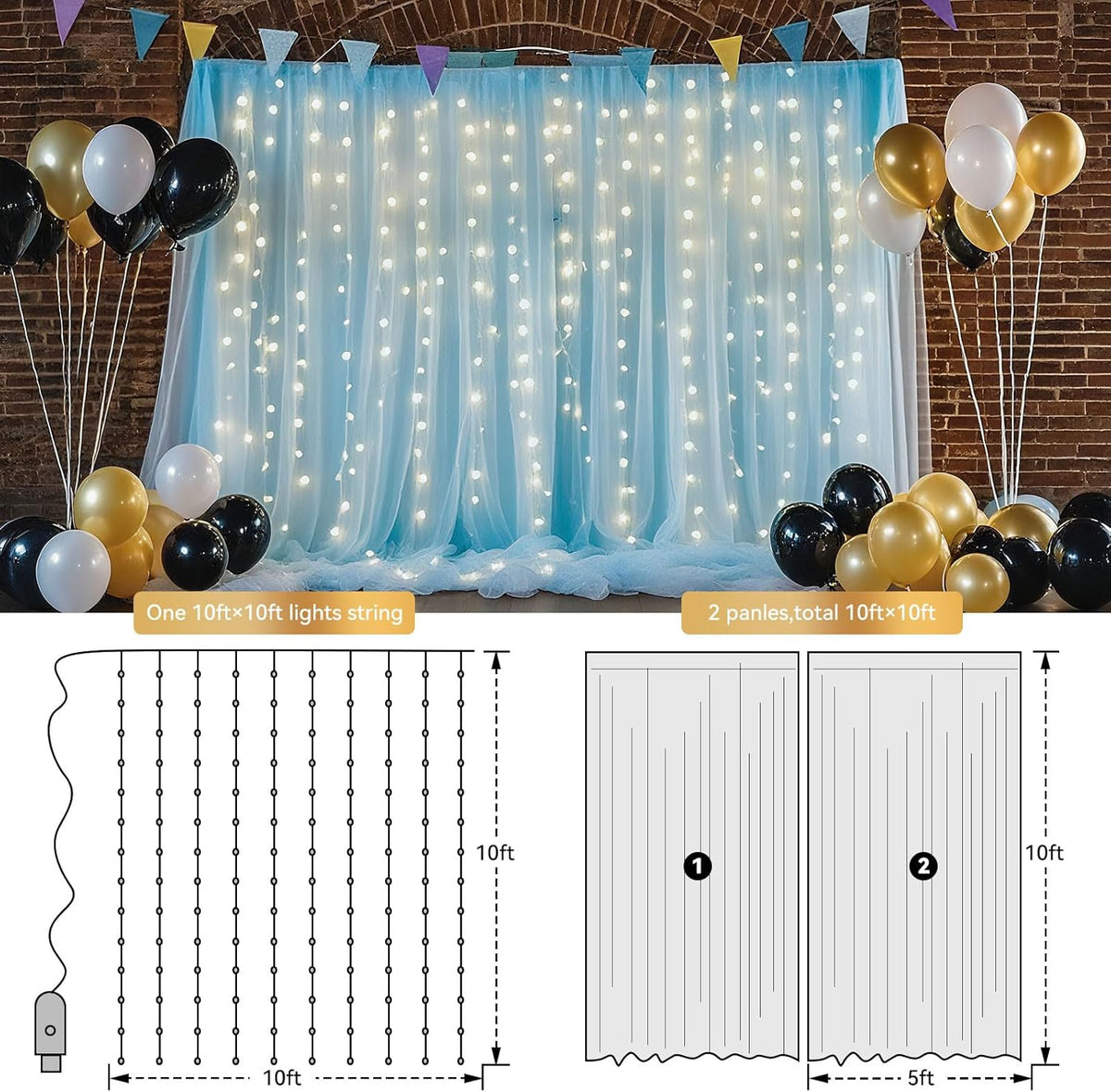10×8ft Tulle Backdrop Curtains with Lights String - 300LED Fairy Lights Sheer Curtain Backdrop for