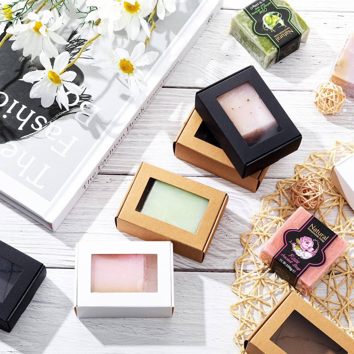 Zonon 30 Pcs Soap Boxes for Homemade Packaging, Mini Kraft Treat Boxes with Window for Bakery Candy