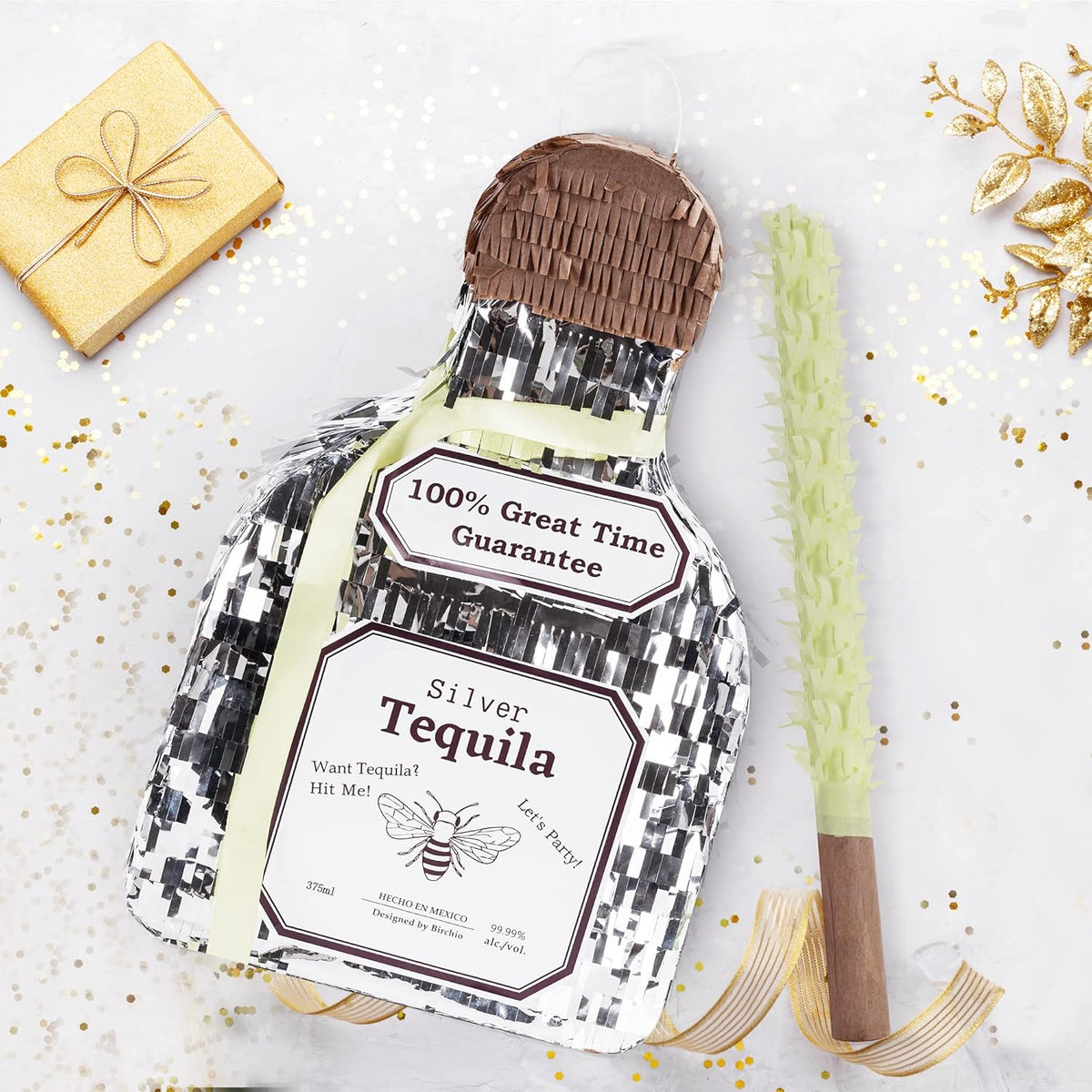 Tequila Bottle Pinata, Silver, Perfect for Birthday Parties, 10.5 x 10.5 x 4 Inches, 5 Pound